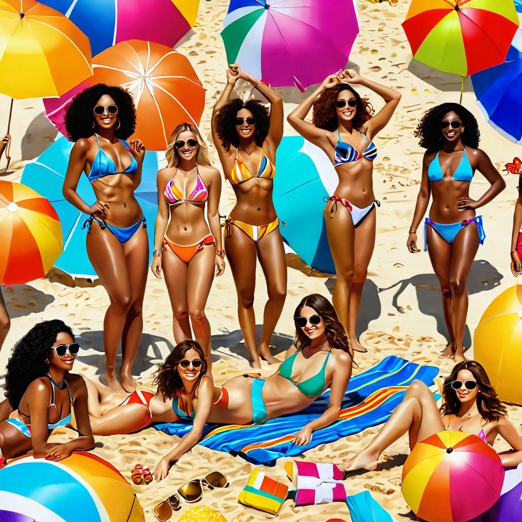 A vibrant beach scene showcasing a diverse group of women in a variety of stylish bikinis, representing different body types and confident poses. The backdrop features golden sands, sparkling waves, and a bright sun, with colorful beach towels and sun umbrellas enhancing the lively atmosphere. Add playful elements like beach balls and surfboards scattered around for a fun summer vibe. vibrant colors. super-realistic.